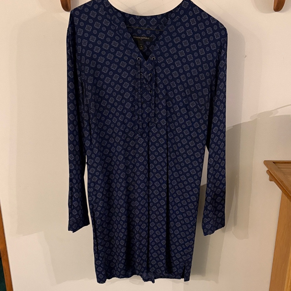 Banana Republic Navy Blue Printed Long Sleeve Tunic Dress